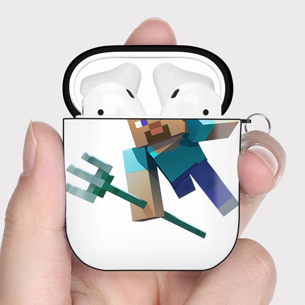 （画像用） マインクラフト ブロックの世界 Minecraft MC Block world AirPods 第2世代保護ケース ハードシェル ブラック 耐衝撃・防指紋・カラビナ付き