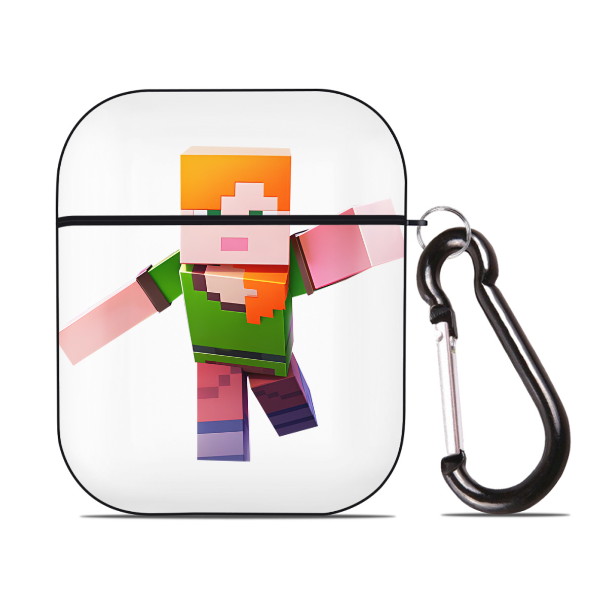 （画像用） マインクラフト ブロックの世界 Minecraft MC Block world AirPods 第2世代保護ケース ハードシェル ブラック 耐衝撃・防指紋・カラビナ付き
