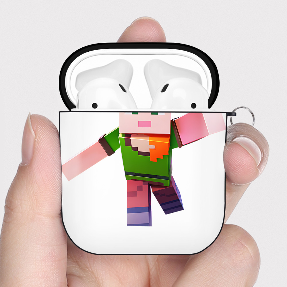 （画像用） マインクラフト ブロックの世界 Minecraft MC Block world AirPods 第2世代保護ケース ハードシェル ブラック 耐衝撃・防指紋・カラビナ付き