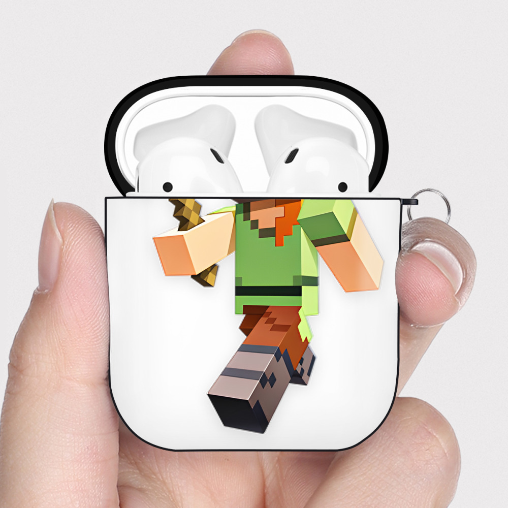 （画像用） マインクラフト ブロックの世界 Minecraft MC Block world AirPods 第2世代保護ケース ハードシェル ブラック 耐衝撃・防指紋・カラビナ付き
