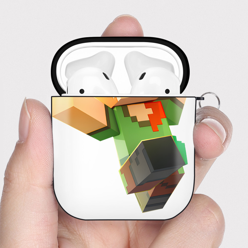 （画像用） マインクラフト ブロックの世界 Minecraft MC Block world AirPods 第2世代保護ケース ハードシェル ブラック 耐衝撃・防指紋・カラビナ付き