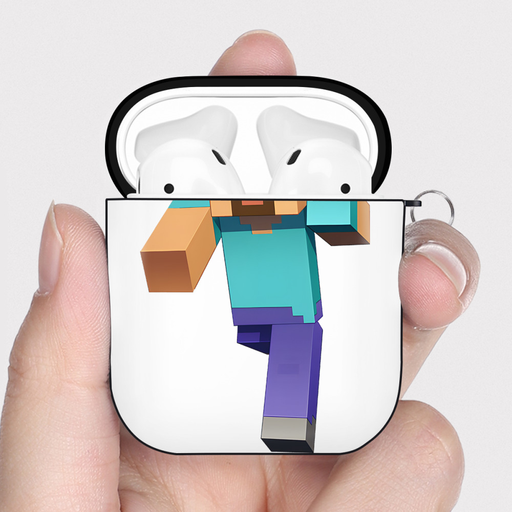 （画像用） マインクラフト ブロックの世界 Minecraft MC Block world AirPods 第2世代保護ケース ハードシェル ブラック 耐衝撃・防指紋・カラビナ付き