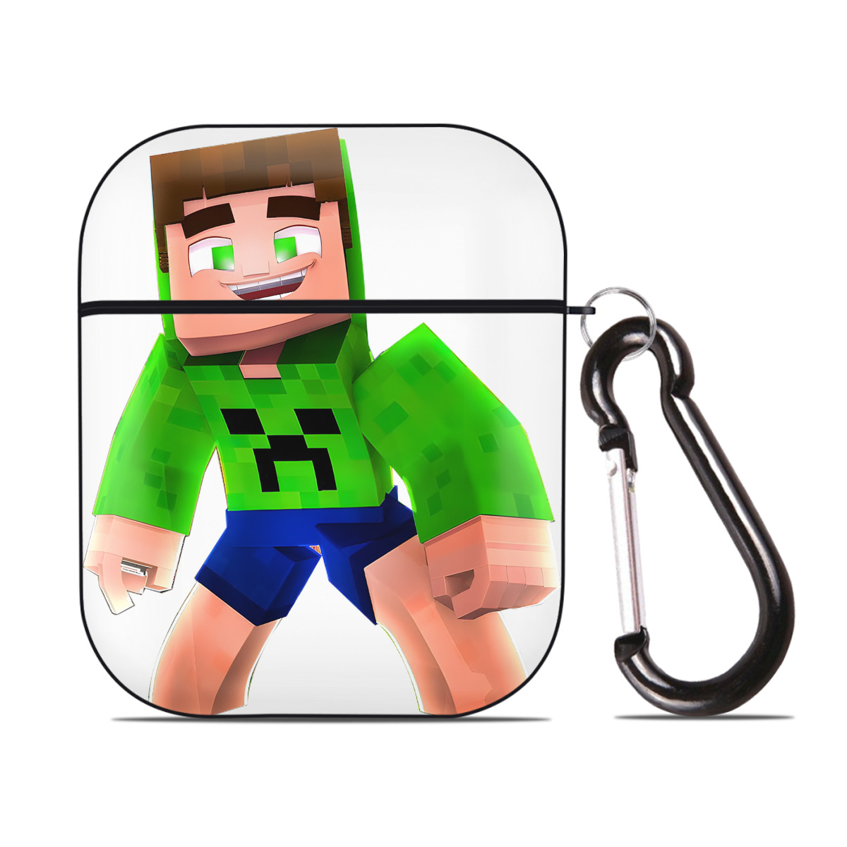 （画像用） マインクラフト ブロックの世界 Minecraft MC Block world AirPods 第2世代保護ケース ハードシェル ブラック 耐衝撃・防指紋・カラビナ付き