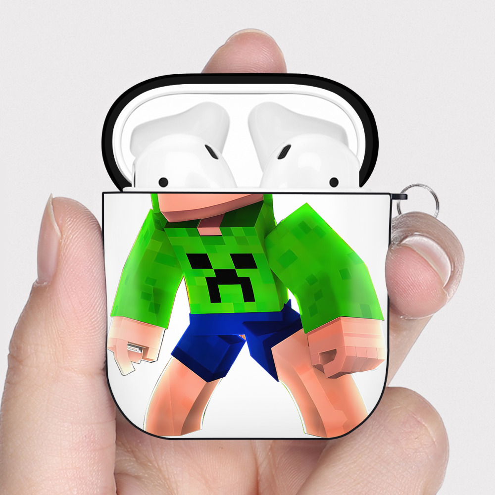 （画像用） マインクラフト ブロックの世界 Minecraft MC Block world AirPods 第2世代保護ケース ハードシェル ブラック 耐衝撃・防指紋・カラビナ付き