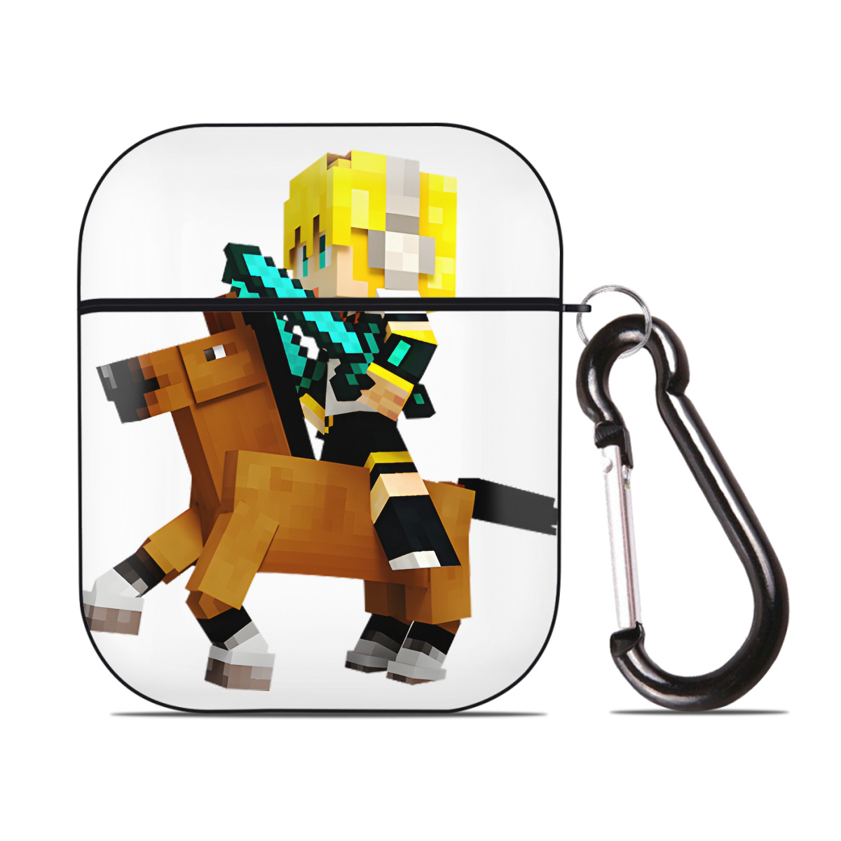 （画像用） マインクラフト ブロックの世界 Minecraft MC Block world AirPods 第2世代保護ケース ハードシェル ブラック 耐衝撃・防指紋・カラビナ付き