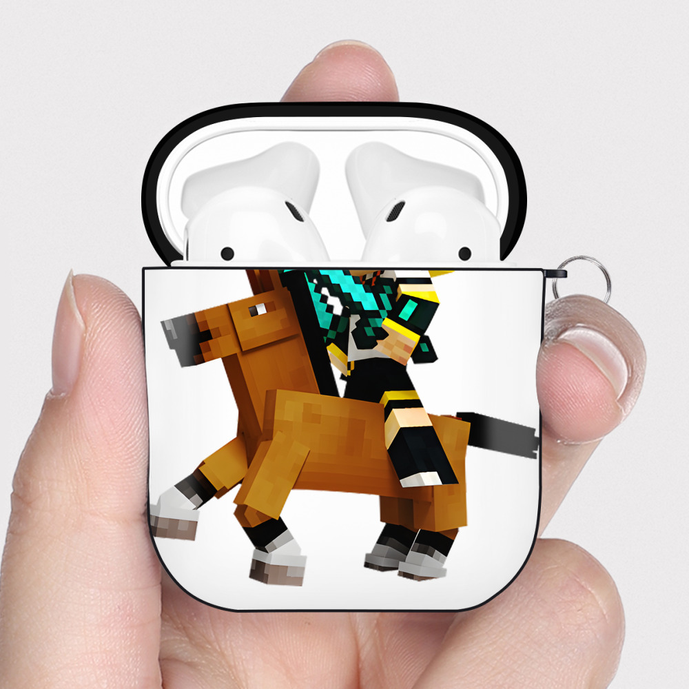 （画像用） マインクラフト ブロックの世界 Minecraft MC Block world AirPods 第2世代保護ケース ハードシェル ブラック 耐衝撃・防指紋・カラビナ付き