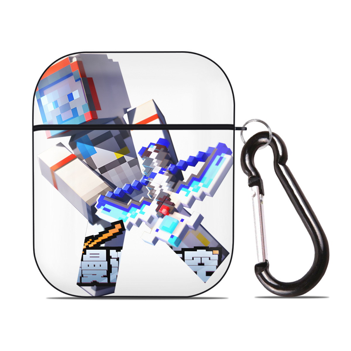 （画像用） マインクラフト ブロックの世界 Minecraft MC Block world AirPods 第2世代保護ケース ハードシェル ブラック 耐衝撃・防指紋・カラビナ付き