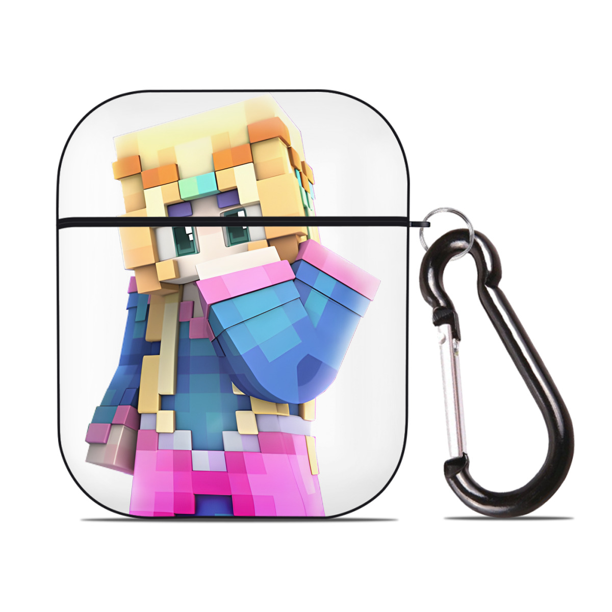 （画像用） マインクラフト ブロックの世界 Minecraft MC Block world AirPods 第2世代保護ケース ハードシェル ブラック 耐衝撃・防指紋・カラビナ付き
