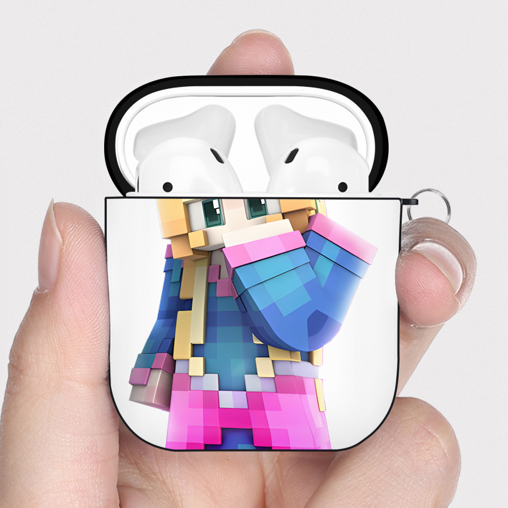 （画像用） マインクラフト ブロックの世界 Minecraft MC Block world AirPods 第2世代保護ケース ハードシェル ブラック 耐衝撃・防指紋・カラビナ付き