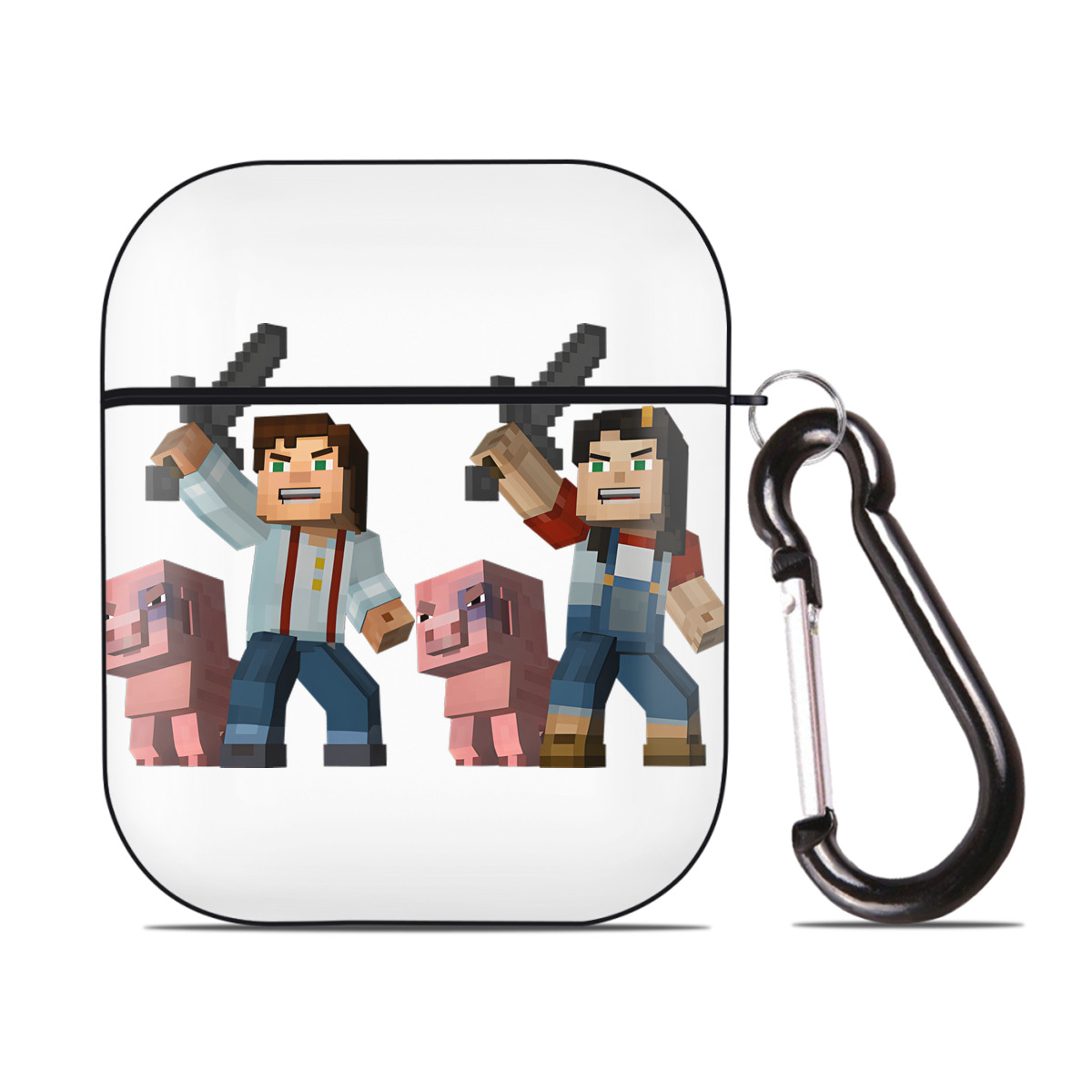 （画像用） マインクラフト ブロックの世界 Minecraft MC Block world AirPods 第2世代保護ケース ハードシェル ブラック 耐衝撃・防指紋・カラビナ付き