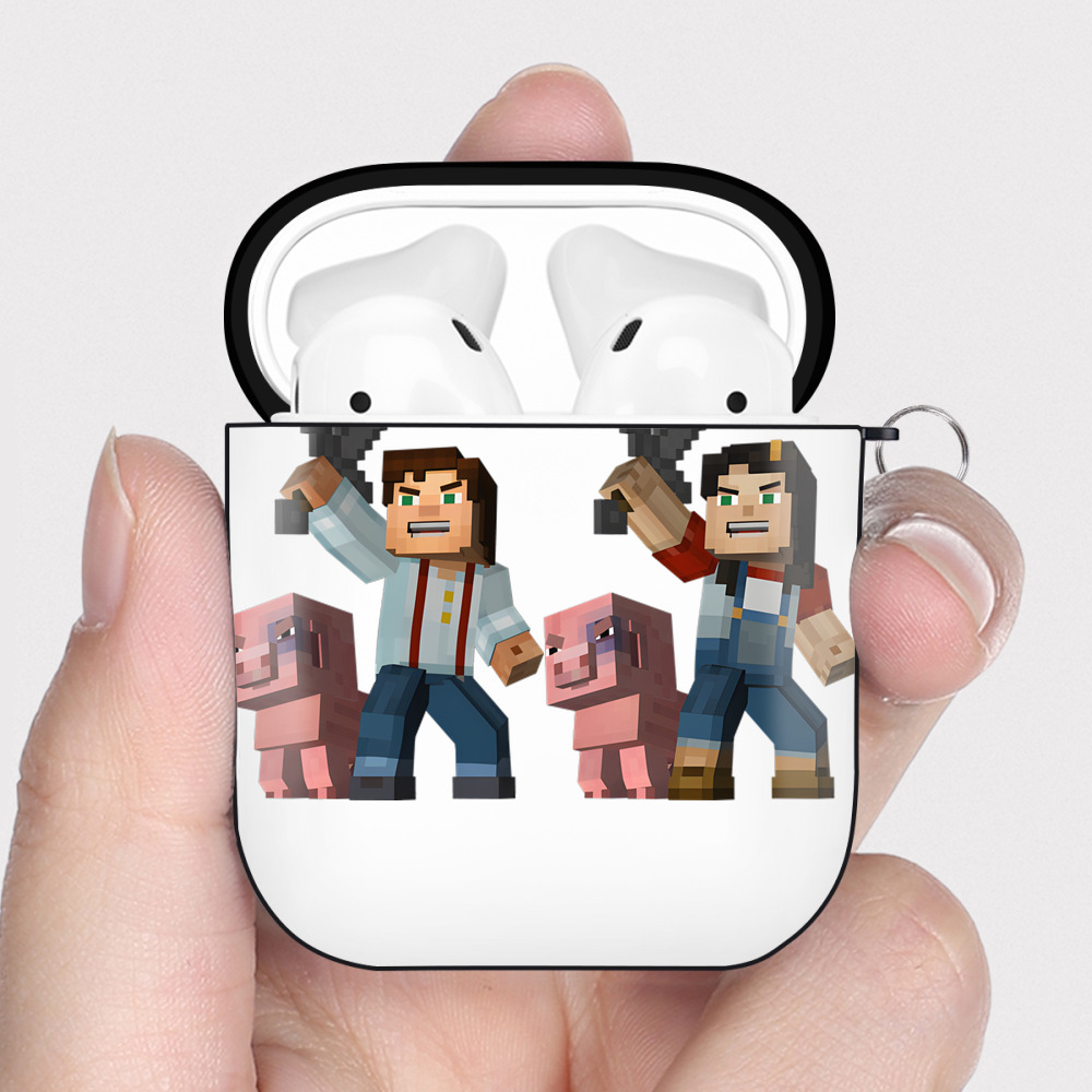 （画像用） マインクラフト ブロックの世界 Minecraft MC Block world AirPods 第2世代保護ケース ハードシェル ブラック 耐衝撃・防指紋・カラビナ付き
