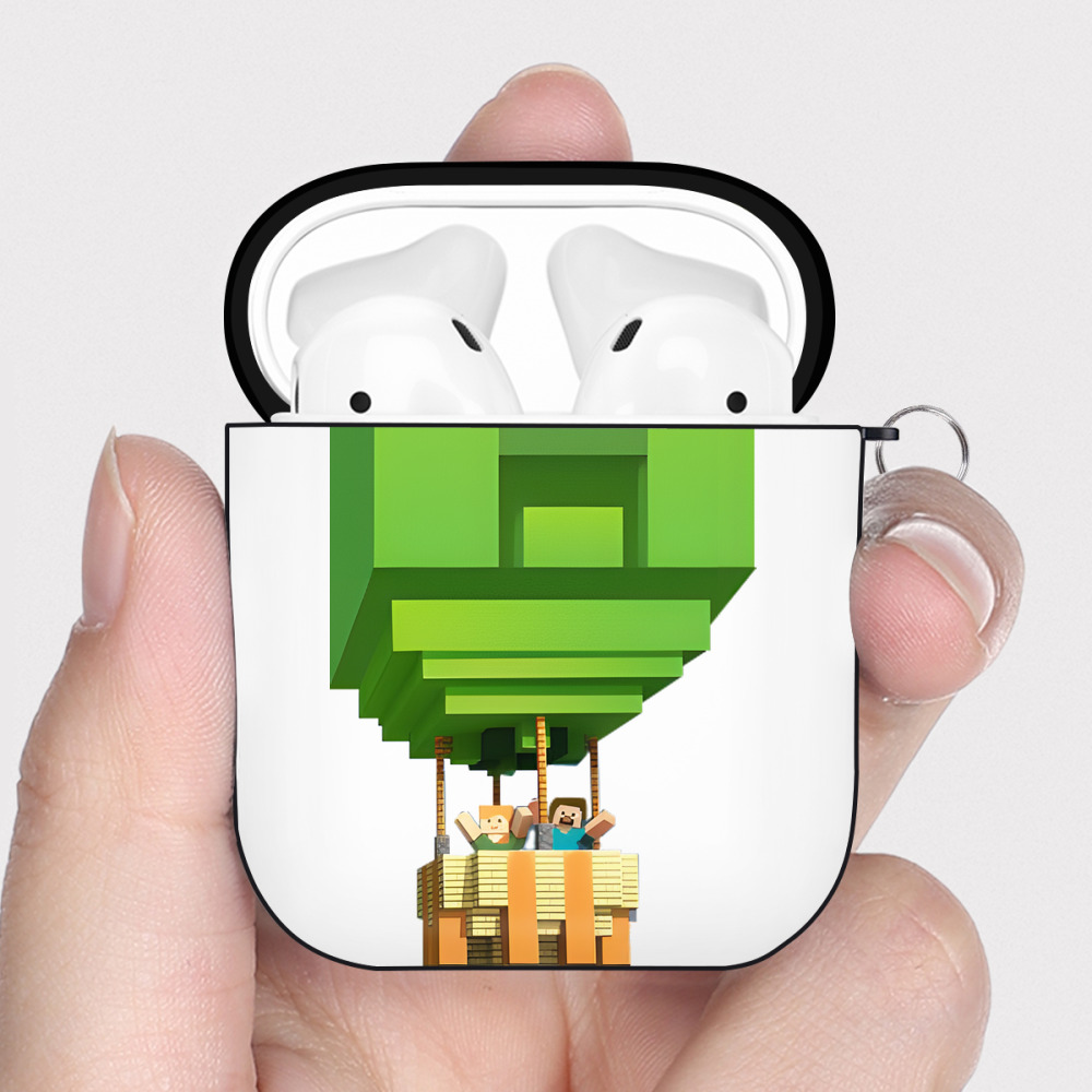 （画像用） マインクラフト ブロックの世界 Minecraft MC Block world AirPods 第2世代保護ケース ハードシェル ブラック 耐衝撃・防指紋・カラビナ付き