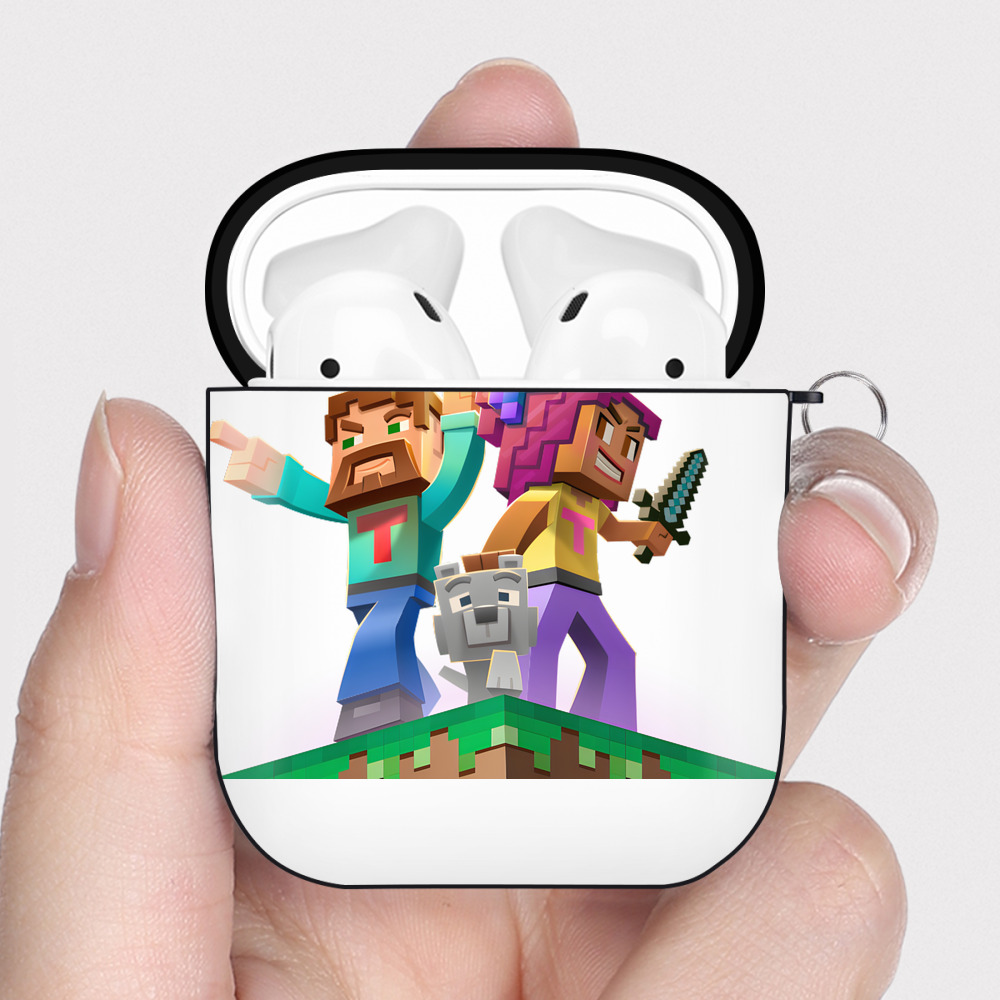 （画像用） マインクラフト ブロックの世界 Minecraft MC Block world AirPods 第2世代保護ケース ハードシェル ブラック 耐衝撃・防指紋・カラビナ付き