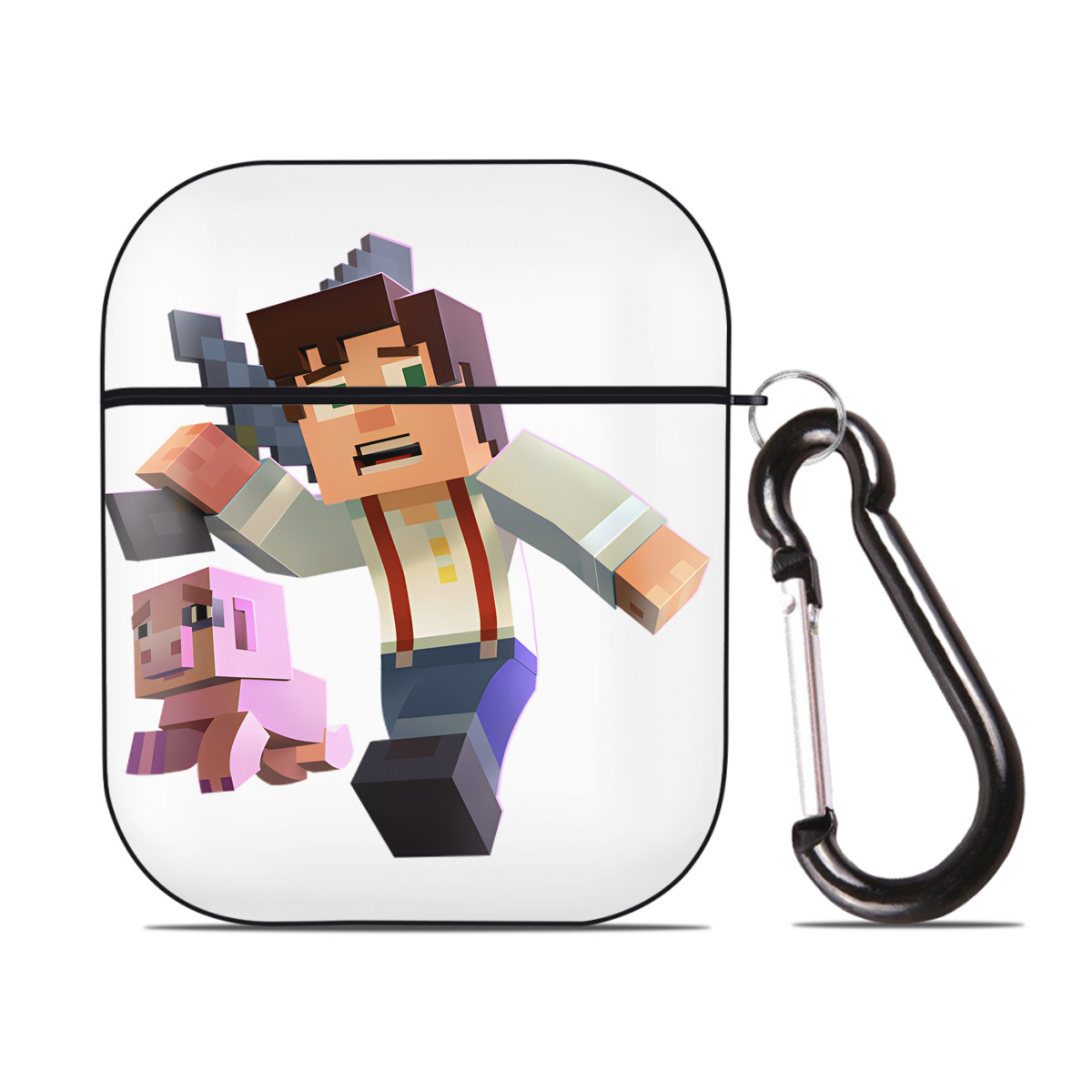 （画像用） マインクラフト ブロックの世界 Minecraft MC Block world AirPods 第2世代保護ケース ハードシェル ブラック 耐衝撃・防指紋・カラビナ付き