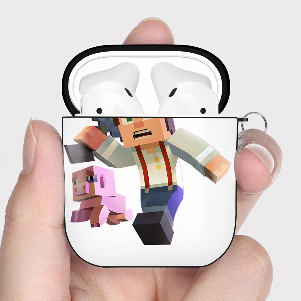 （画像用） マインクラフト ブロックの世界 Minecraft MC Block world AirPods 第2世代保護ケース ハードシェル ブラック 耐衝撃・防指紋・カラビナ付き