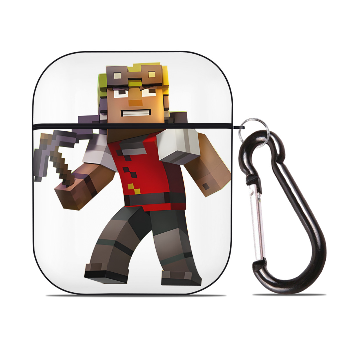 （画像用） マインクラフト ブロックの世界 Minecraft MC Block world AirPods 第2世代保護ケース ハードシェル ブラック 耐衝撃・防指紋・カラビナ付き