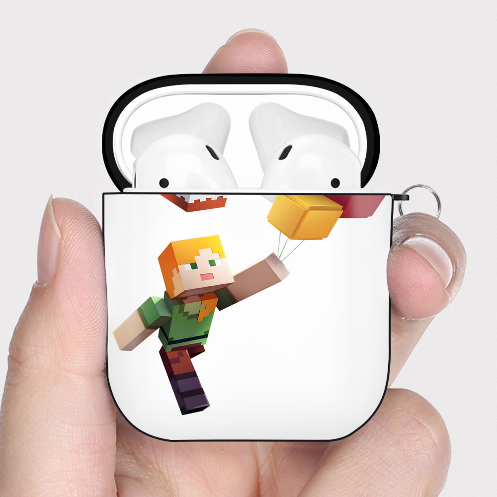 （画像用） マインクラフト ブロックの世界 Minecraft MC Block world AirPods 第2世代保護ケース ハードシェル ブラック 耐衝撃・防指紋・カラビナ付き