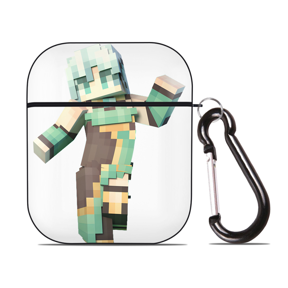 （画像用） マインクラフト ブロックの世界 Minecraft MC Block world AirPods 第2世代保護ケース ハードシェル ブラック 耐衝撃・防指紋・カラビナ付き