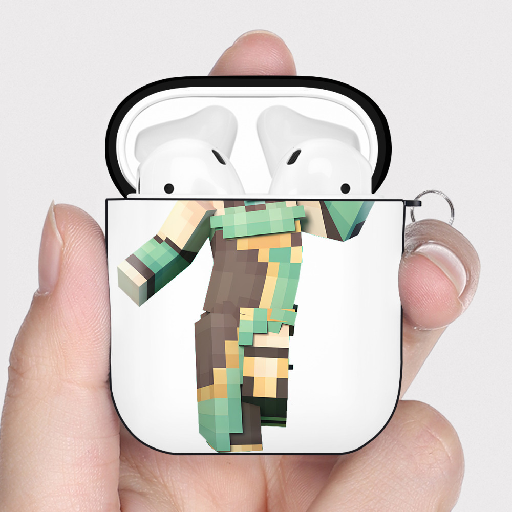 （画像用） マインクラフト ブロックの世界 Minecraft MC Block world AirPods 第2世代保護ケース ハードシェル ブラック 耐衝撃・防指紋・カラビナ付き