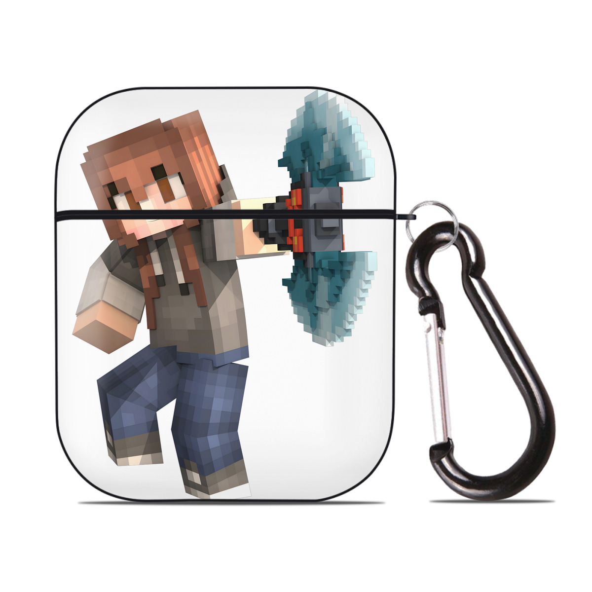 （画像用） マインクラフト ブロックの世界 Minecraft MC Block world AirPods 第2世代保護ケース ハードシェル ブラック 耐衝撃・防指紋・カラビナ付き
