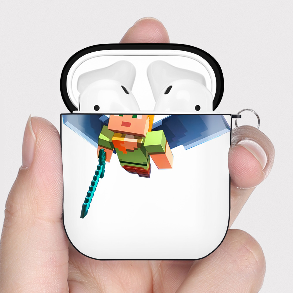 （画像用） マインクラフト ブロックの世界 Minecraft MC Block world AirPods 第2世代保護ケース ハードシェル ブラック 耐衝撃・防指紋・カラビナ付き