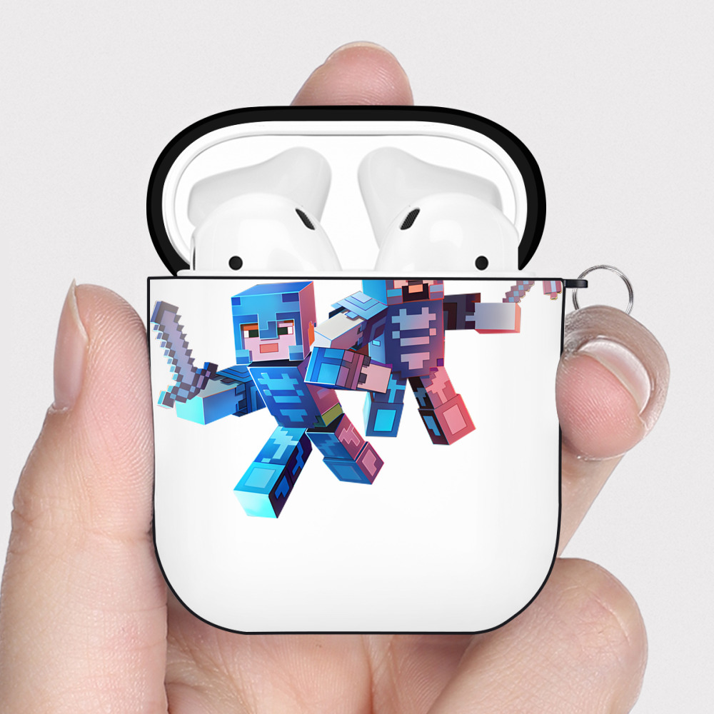 （画像用） マインクラフト ブロックの世界 Minecraft MC Block world AirPods 第2世代保護ケース ハードシェル ブラック 耐衝撃・防指紋・カラビナ付き