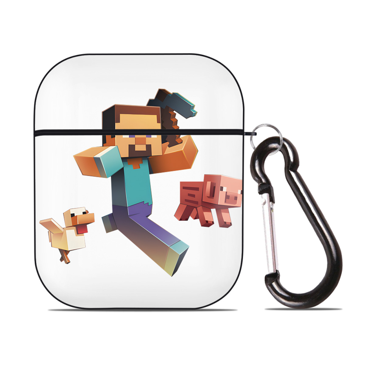 （画像用） マインクラフト ブロックの世界 Minecraft MC Block world AirPods 第2世代保護ケース ハードシェル ブラック 耐衝撃・防指紋・カラビナ付き