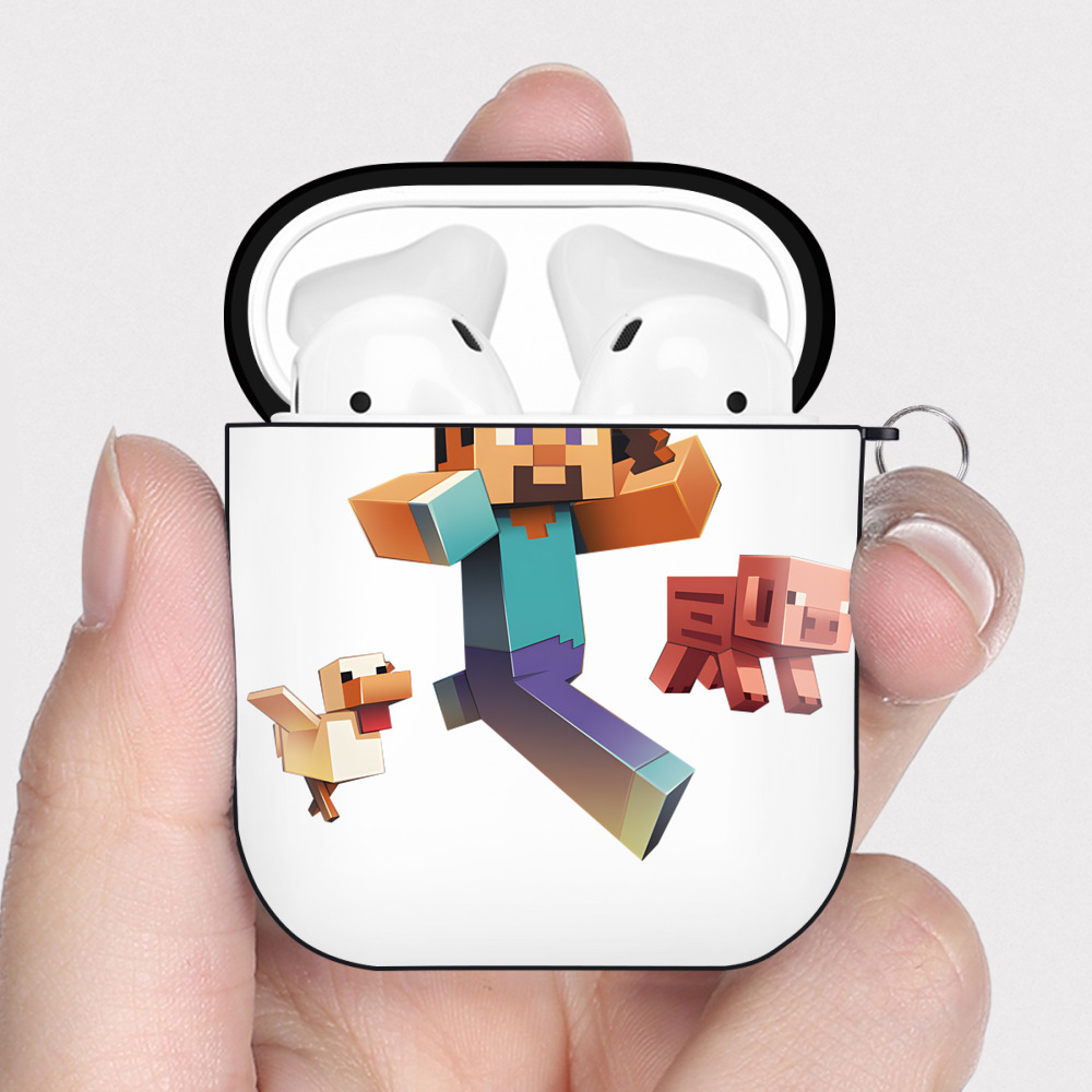 （画像用） マインクラフト ブロックの世界 Minecraft MC Block world AirPods 第2世代保護ケース ハードシェル ブラック 耐衝撃・防指紋・カラビナ付き