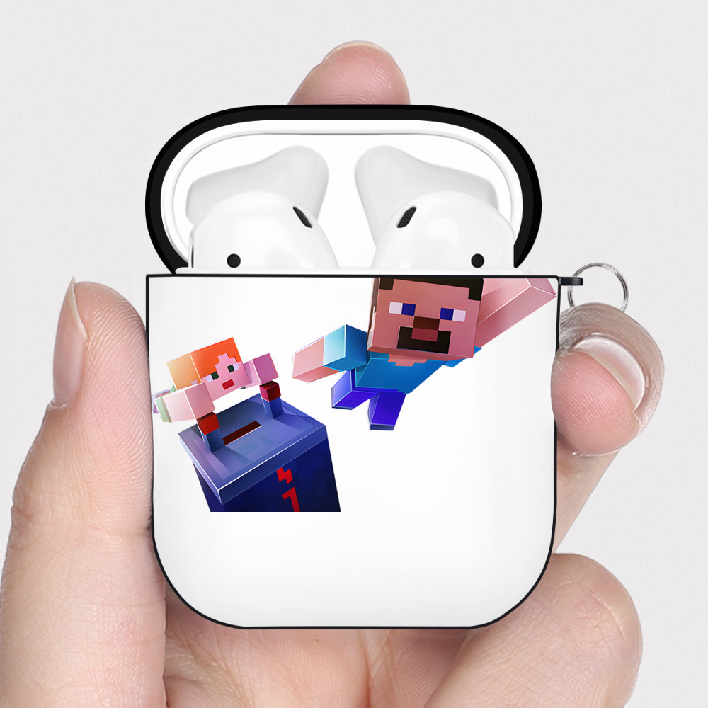 （画像用） マインクラフト ブロックの世界 Minecraft MC Block world AirPods 第2世代保護ケース ハードシェル ブラック 耐衝撃・防指紋・カラビナ付き