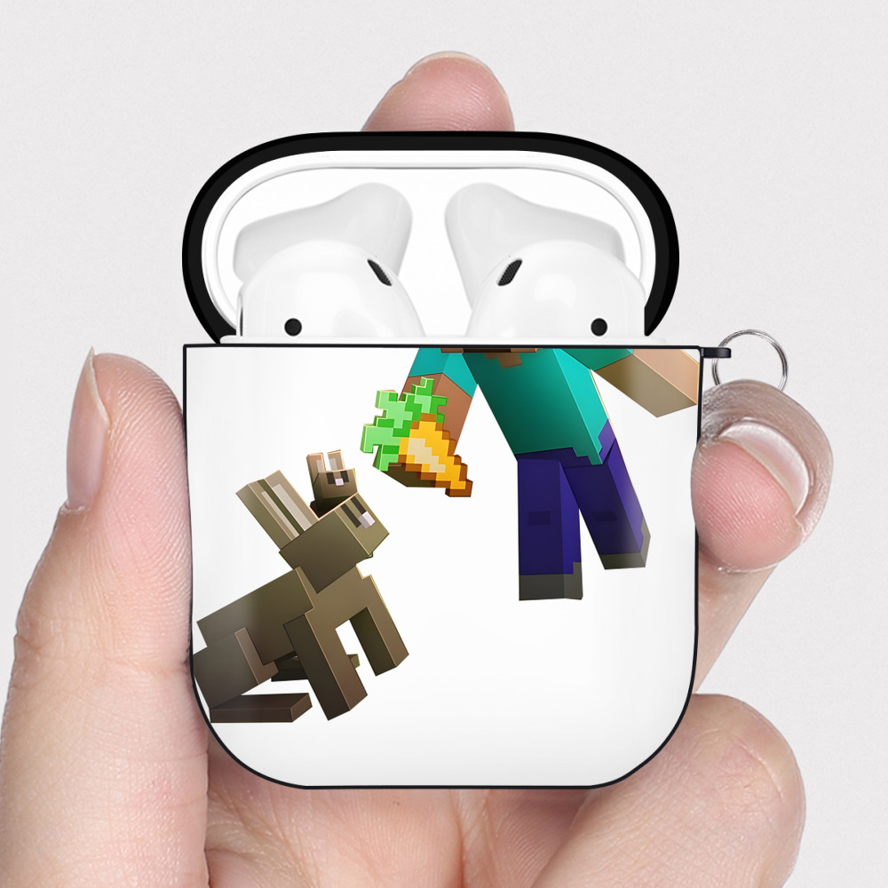 （画像用） マインクラフト ブロックの世界 Minecraft MC Block world AirPods 第2世代保護ケース ハードシェル ブラック 耐衝撃・防指紋・カラビナ付き