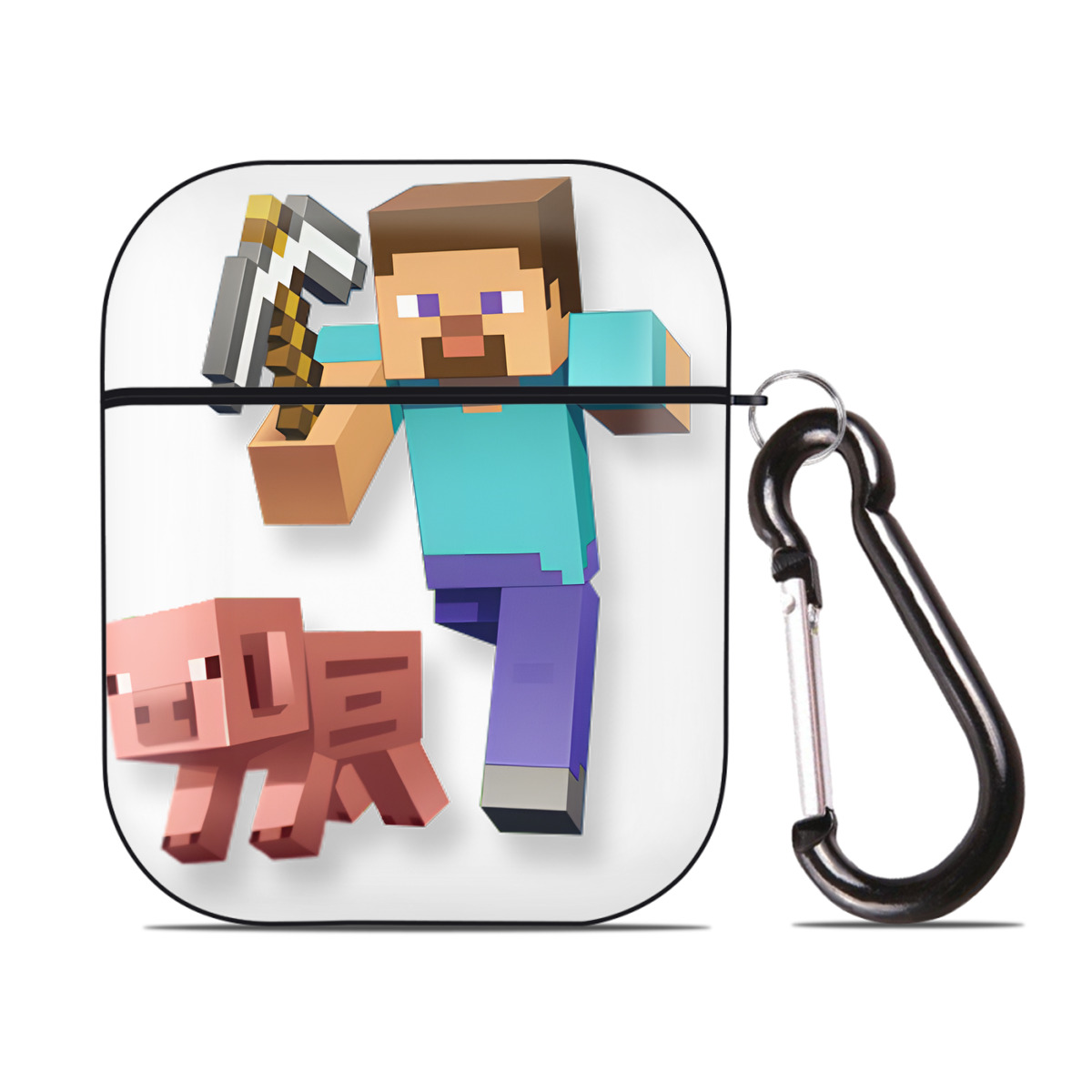 （画像用） マインクラフト ブロックの世界 Minecraft MC Block world AirPods 第2世代保護ケース ハードシェル ブラック 耐衝撃・防指紋・カラビナ付き