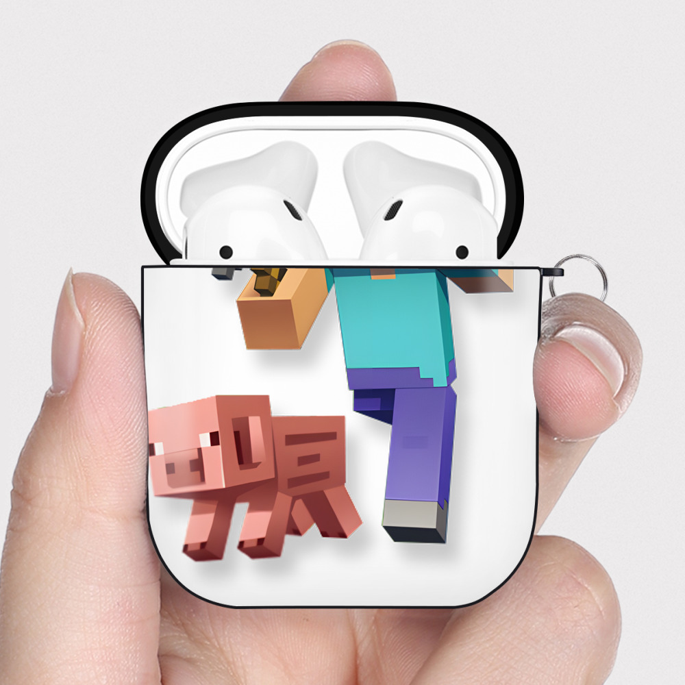（画像用） マインクラフト ブロックの世界 Minecraft MC Block world AirPods 第2世代保護ケース ハードシェル ブラック 耐衝撃・防指紋・カラビナ付き