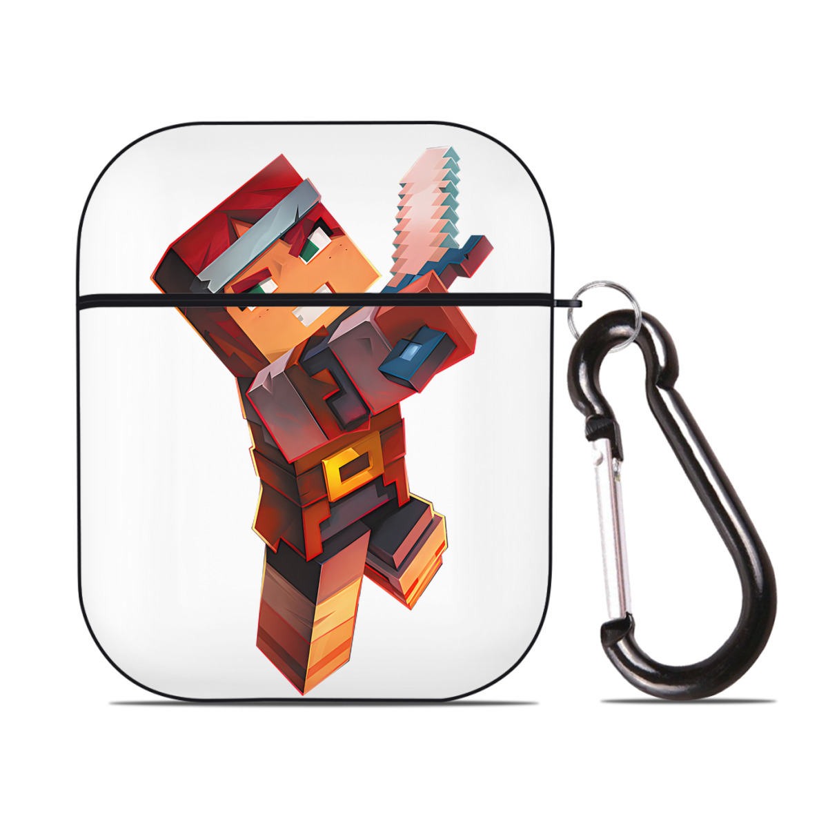 （画像用） マインクラフト ブロックの世界 Minecraft MC Block world AirPods 第2世代保護ケース ハードシェル ブラック 耐衝撃・防指紋・カラビナ付き