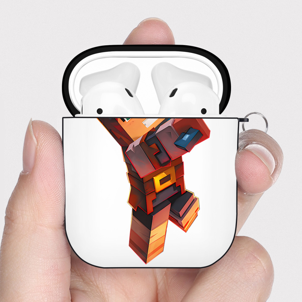 （画像用） マインクラフト ブロックの世界 Minecraft MC Block world AirPods 第2世代保護ケース ハードシェル ブラック 耐衝撃・防指紋・カラビナ付き