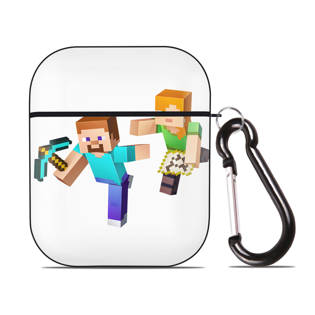 （画像用） マインクラフト ブロックの世界 Minecraft MC Block world AirPods 第2世代保護ケース ハードシェル ブラック 耐衝撃・防指紋・カラビナ付き