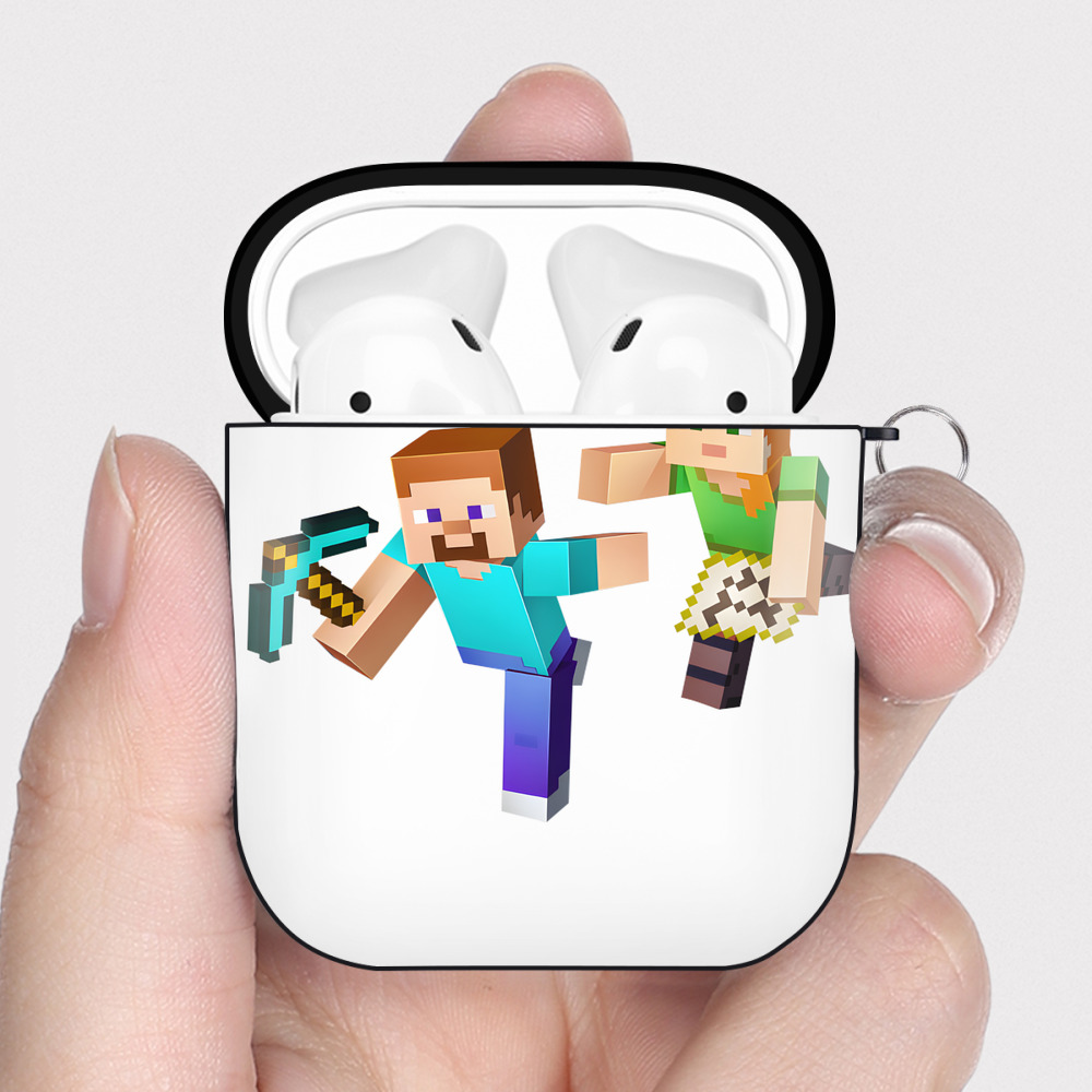 （画像用） マインクラフト ブロックの世界 Minecraft MC Block world AirPods 第2世代保護ケース ハードシェル ブラック 耐衝撃・防指紋・カラビナ付き
