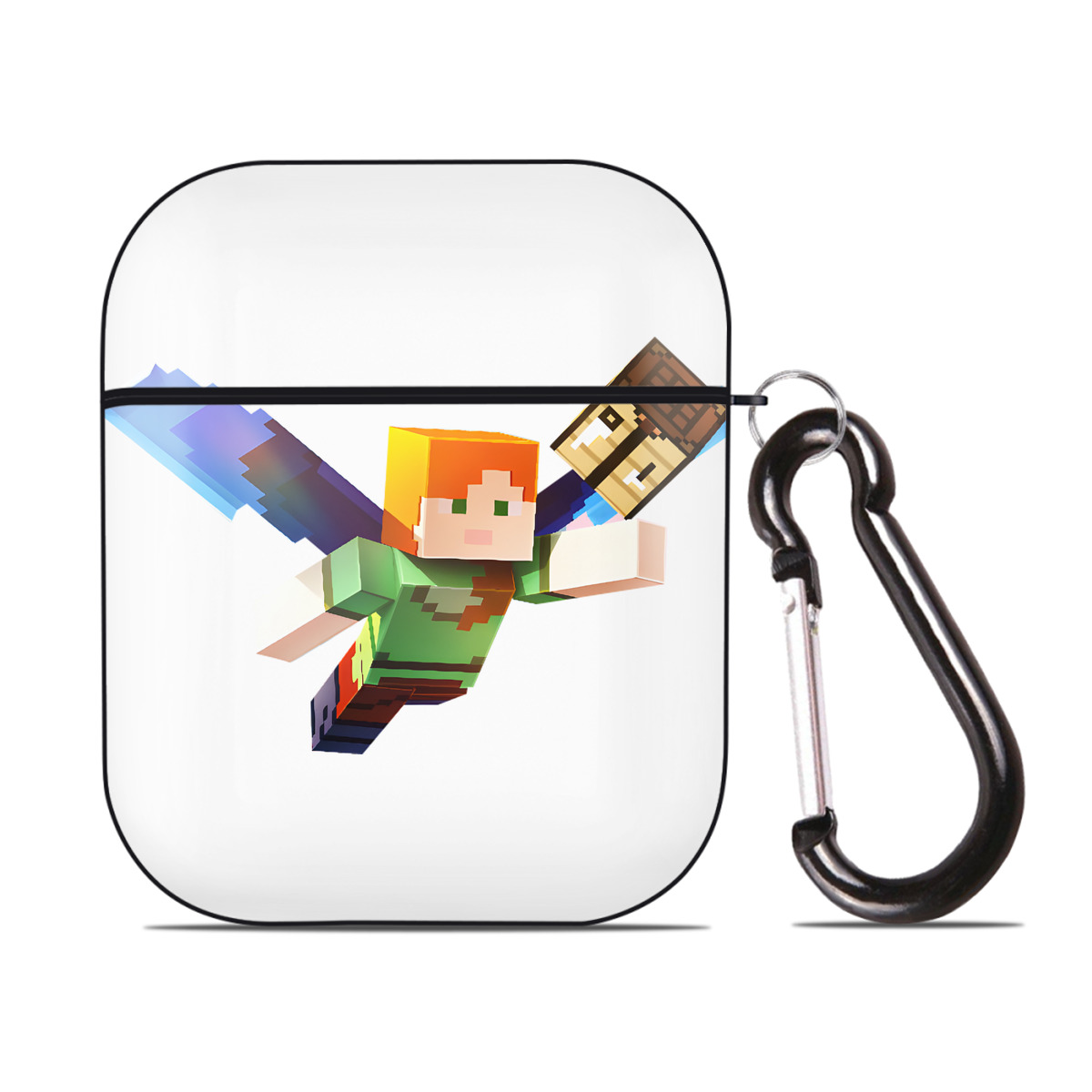 （画像用） マインクラフト ブロックの世界 Minecraft MC Block world AirPods 第2世代保護ケース ハードシェル ブラック 耐衝撃・防指紋・カラビナ付き