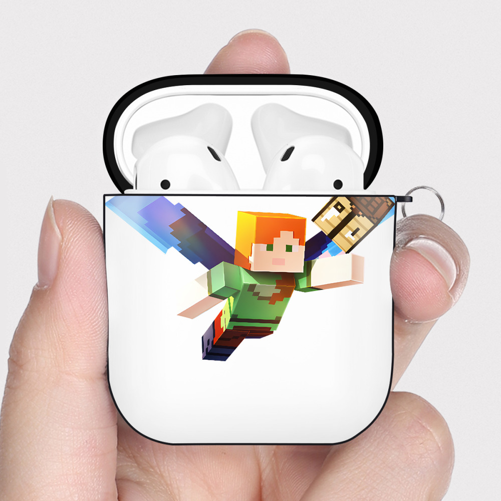 （画像用） マインクラフト ブロックの世界 Minecraft MC Block world AirPods 第2世代保護ケース ハードシェル ブラック 耐衝撃・防指紋・カラビナ付き