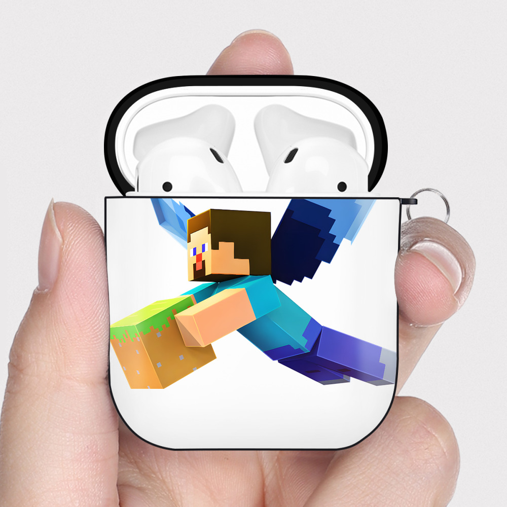 （画像用） マインクラフト ブロックの世界 Minecraft MC Block world AirPods 第2世代保護ケース ハードシェル ブラック 耐衝撃・防指紋・カラビナ付き
