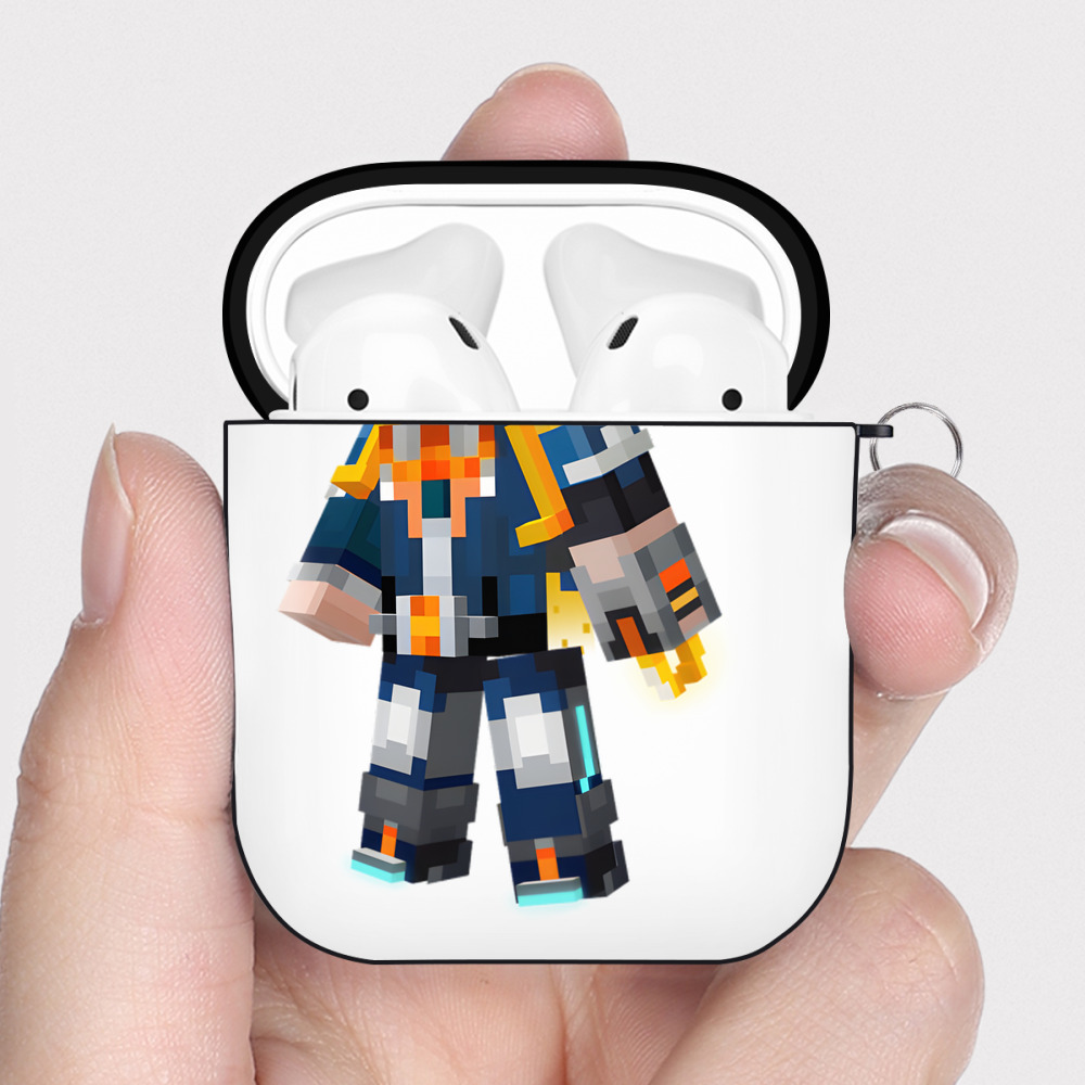 （画像用） マインクラフト ブロックの世界 Minecraft MC Block world AirPods 第2世代保護ケース ハードシェル ブラック 耐衝撃・防指紋・カラビナ付き