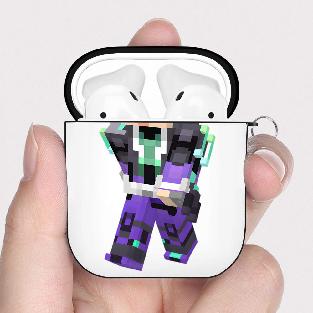 （画像用） マインクラフト ブロックの世界 Minecraft MC Block world AirPods 第2世代保護ケース ハードシェル ブラック 耐衝撃・防指紋・カラビナ付き