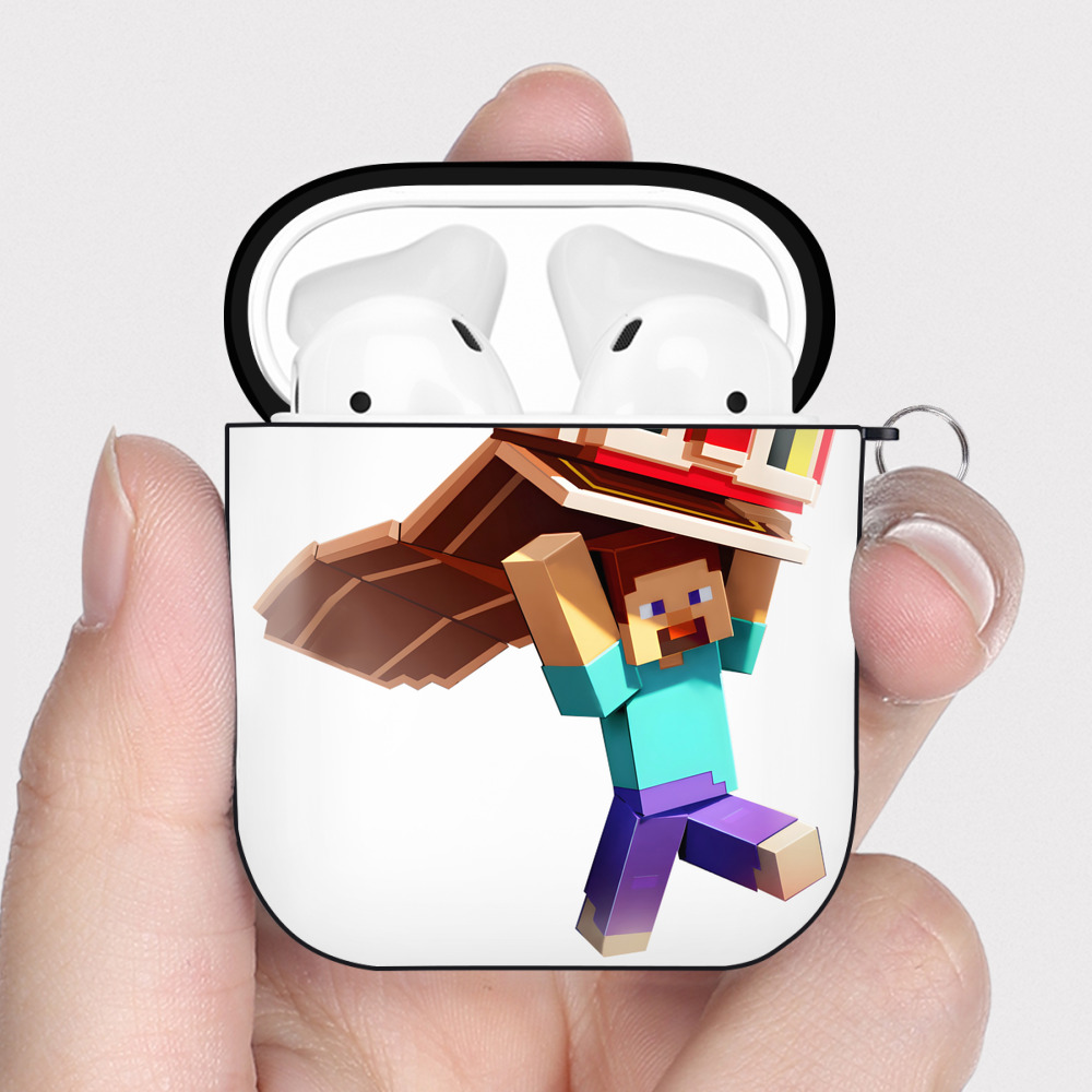 （画像用） マインクラフト ブロックの世界 Minecraft MC Block world AirPods 第2世代保護ケース ハードシェル ブラック 耐衝撃・防指紋・カラビナ付き