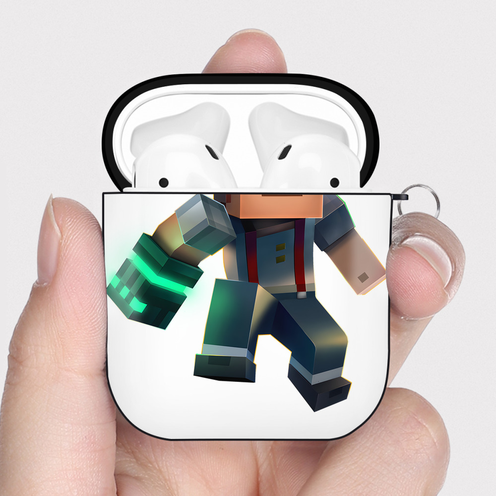 （画像用） マインクラフト ブロックの世界 Minecraft MC Block world AirPods 第2世代保護ケース ハードシェル ブラック 耐衝撃・防指紋・カラビナ付き