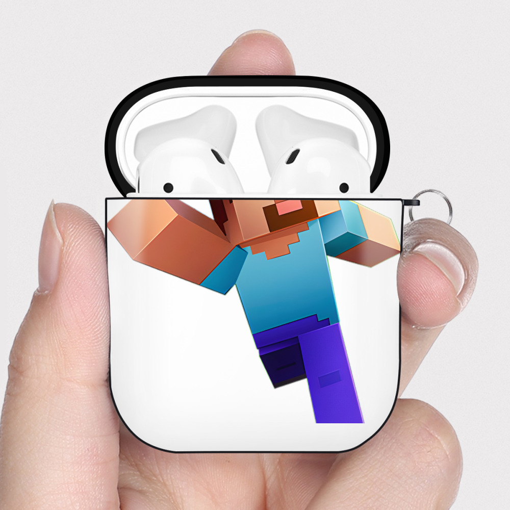 （画像用） マインクラフト ブロックの世界 Minecraft MC Block world AirPods 第2世代保護ケース ハードシェル ブラック 耐衝撃・防指紋・カラビナ付き