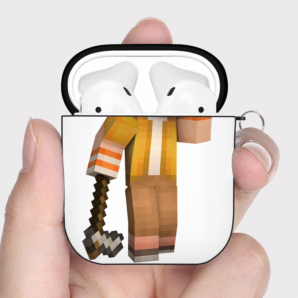 （画像用） マインクラフト ブロックの世界 Minecraft MC Block world AirPods 第2世代保護ケース ハードシェル ブラック 耐衝撃・防指紋・カラビナ付き