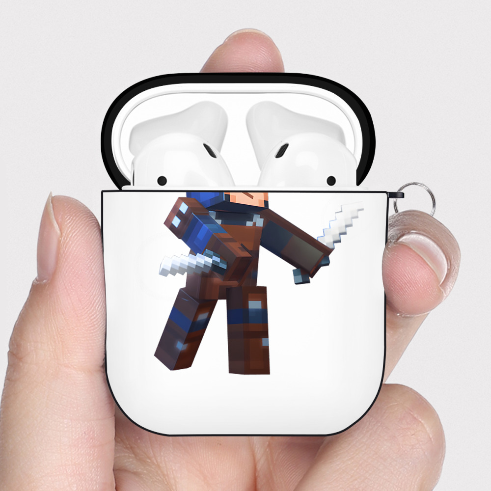 （画像用） マインクラフト ブロックの世界 Minecraft MC Block world AirPods 第2世代保護ケース ハードシェル ブラック 耐衝撃・防指紋・カラビナ付き