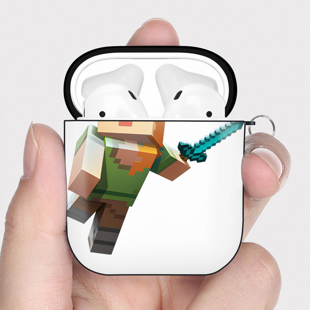 （画像用） マインクラフト ブロックの世界 Minecraft MC Block world AirPods 第2世代保護ケース ハードシェル ブラック 耐衝撃・防指紋・カラビナ付き