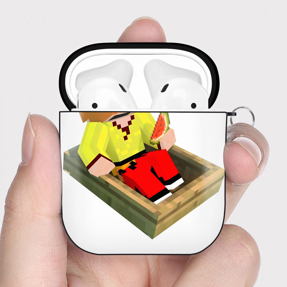 （画像用） マインクラフト ブロックの世界 Minecraft MC Block world AirPods 第2世代保護ケース ハードシェル ブラック 耐衝撃・防指紋・カラビナ付き