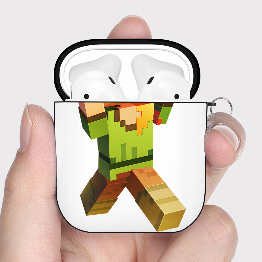 （画像用） マインクラフト ブロックの世界 Minecraft MC Block world AirPods 第2世代保護ケース ハードシェル ブラック 耐衝撃・防指紋・カラビナ付き