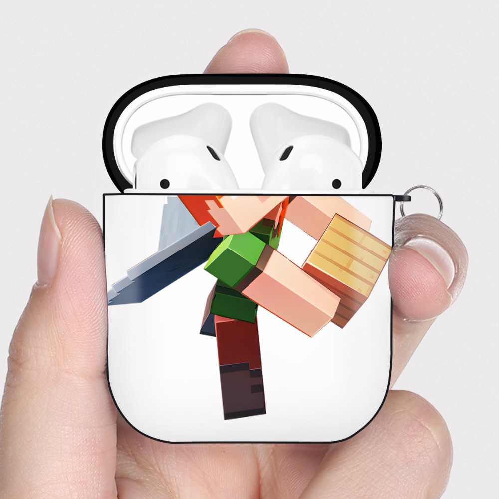 （画像用） マインクラフト ブロックの世界 Minecraft MC Block world AirPods 第2世代保護ケース ハードシェル ブラック 耐衝撃・防指紋・カラビナ付き
